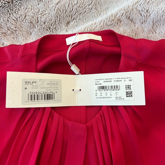 Hugo boss Red/strawberry Long-Sleeve Pleated Front Women's Blouse silk - Picture 7 of 8